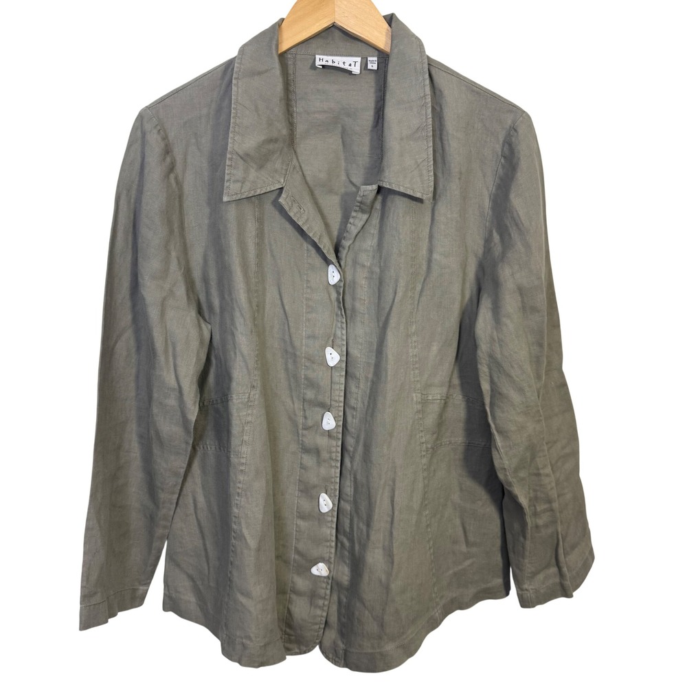 Habitat Clothes to Live In Womens Large 100% Linen Button Up Shirt Jacket Sage